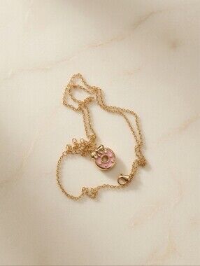 Pink Donut Pendant Necklace Gold Bow Cute Jewelry Gold Plated 19inch length